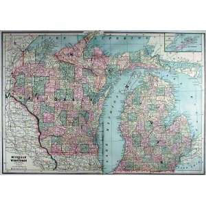  Cram 1888 Antique Map of Michigan & Wisconsin Office 