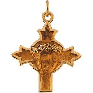   .50 Mm 14K Yellow Gold Head Of Jesus W/Crown Cross Pendant Jewelry