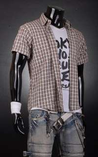 3mu Mens Fashion Casual Short Sleeves Checks Plaids Shirts Tops Polo 