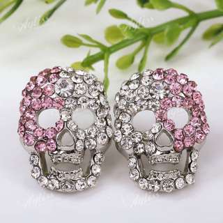 Pink Clear Crystal Skull Mens Stud Ear Earring 1 Pair  