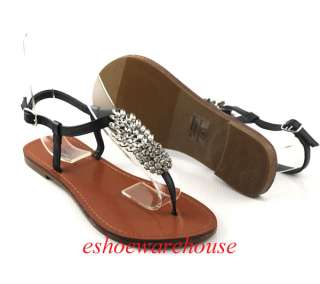 Black Gorgeous Cutie Rhinestone T Strap Flat Thong Sandals Shoes 