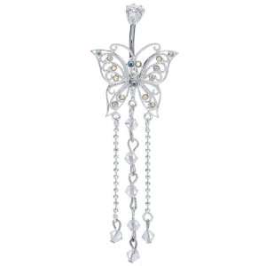  .925 Sterling Silver CZ AB Butterfly Belly Button Ring 
