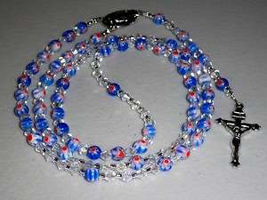 Rosary Bead Necklace ~ Millefiori ~ Red White Blue  