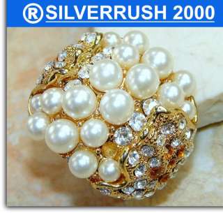 FANCY PEARL, WHITE TOPAZ GOLD PLATED .925 SILVER RING ; SIZE 9 