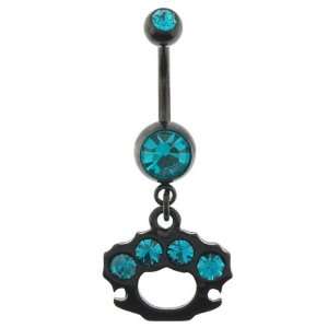   Stainless Steel Belly Ring   Brass Knuckles with Aqua CZ Jewelry