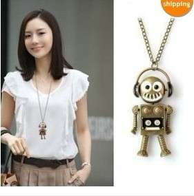 Cute Crystal Bronze Music Note Robot Pendent Necklace  