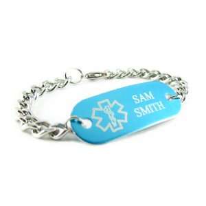  Custom Engraved, Blue Aluminum, Medical Bracelet, Curb 
