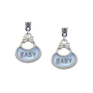  2 Sided Blue Baby Bib Clear Swarovski Post Charm Earrings 