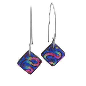   Dichroic Glass Magenta with Rainbow Swirls Diamond Shaped Earrings