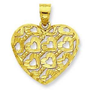  14K Yellow Gold Diamond Cut Heart Pattern On Heart Pendant 