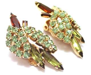 Vintage Brooch Earrings Topaz Forest Green Rhinestone Clip On Pin 