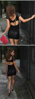 FQ SEXY V NECK MINI DRESS LACE PATCHWORK PU LEATHER 2076  