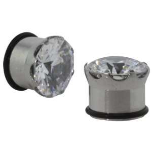 Pair 00 Gauge (10mm)   Prong Set Large CZ Single Flared Ear Plugs with 