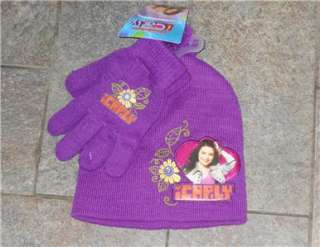NWT Girls Winter Knit Hat & Gloves Purple iCarly i Carly Pompom  