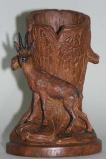 OUTSTANDING WOOD CARVING “CHAMOIS IN FRONT OF A TREE TRUNK”, c 