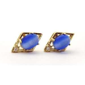  Blue Cats Eyes Diamond Shape Stud Earrings with crystal 