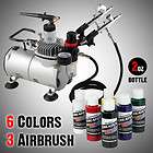 New 3 Airbrush Kit 6 Primary Colors Air Compressor Dual Action Createx 