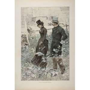 1895 Victorian Man Women F. Marold German Engraving   Original Print 