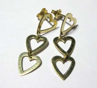 Triple Heart Dangle Earrings in 14K Yellow Gold   Italy   Not Scrap 
