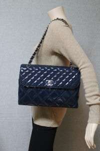 Chanel Maxi Jumbo Marine Blue In Business Patent Vinyl Shoulder Bag 