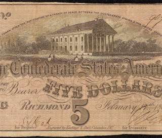 1864 $5 DOLLAR BILL CONFEDERATE CURRENCY NOTE T69 CIVIL WAR ERA PAPER 