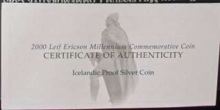   2000 Silver 1000 Kronur Leif Ericson U.S.Mint Box Certification  