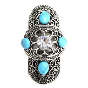 Statement Knuckle Ring; 2L; Burnished Silver Metal; Turquoise Stones 