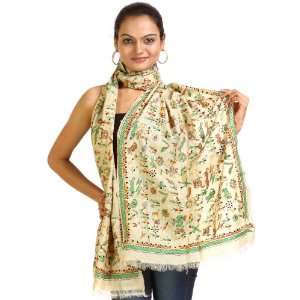 Beige Stole from Bangal with Kantha Embroidered Warli Motifs   Pure 