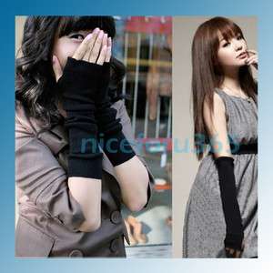 Fashion Knit Wrist Arm Warmer Fingerless Long Mitten Gloves Black Soft 