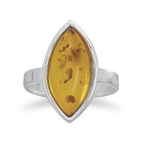 Sterling Silver Marquise Cognac Baltic Amber Ring 2.6mm Wide Band With 
