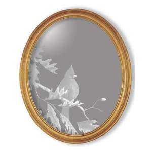  Etched Mirror Cardinal Bird Art in Solid Oak Oval Frame 