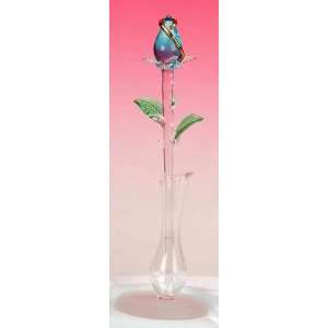  Blue Glass Rose W/ Vase Collectible Decoration Design 