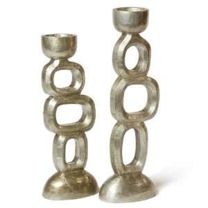 Wooden Metal Coated Groovy Candle Stand in White (Set of 2 