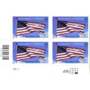 2001 HONORING VETERANS ~ US FLAG #3508 Plate Block of 4 x 34 cents US 