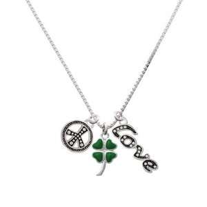 Large Green Heart Leaves Four Leaf Clovers, Peace, Love Charm Necklace 