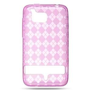 Rubberized phone case with a pink checkered design that fits onto your 