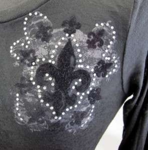 VOCAL Black Burnout Shirt Fleur de Lis Rhinestones NEW  