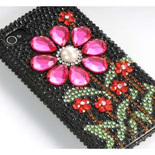 3D Pink Sun Flower Bling Diamond Black Hard Case For Apple iPhone 4S 4 