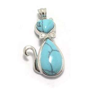 Natural Turquoise & Clear CZ Kitty Cat Design Sterling Silver Pendant 