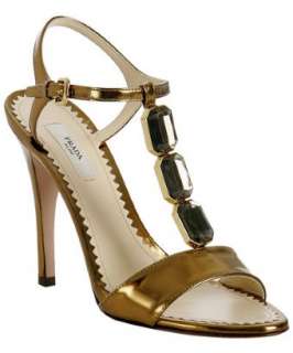 Prada bronze mirror leather stone t strap sandals   