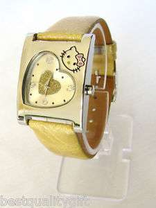 HELLO KITTY GOLD WATCH HEART FACE LEATHER BAND NEW  