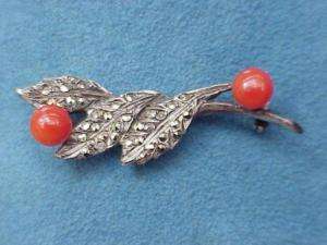 Antique MARCASITE Red CORAL Sterling Silver 925 Branch Pin Brooch 