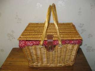 Red Bandana Lined NEW Large Wicker Picnic Basket, Fitted for Four 