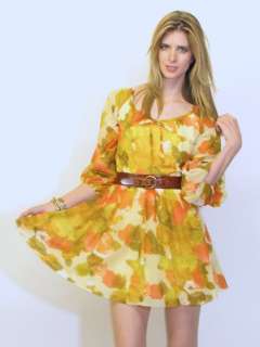   MOD SPACE AGE YELLOW WARM TONES WATER COLOR SHEER MINI DRESS  