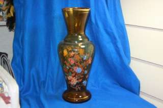 Huge Norleans Italian Glass Amber Vase Butterflies 15  