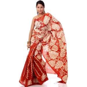 Rust Sari from Bangalore with Threadwork and Printed Leaves   Pure 