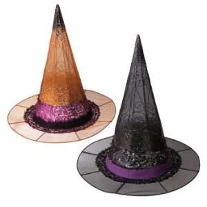  Set of 2 Black and Orange Sequin Wire Witch Hat Halloween 