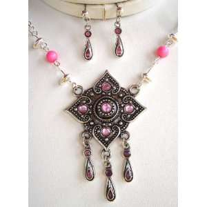  Native American Style Pink Stones Necklace Earrings Set Jewelry