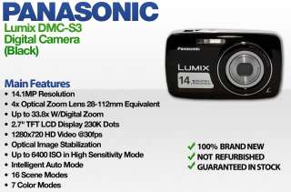 Panasonic Lumix DMC S3 Digital Camera (Black) NEW 885170032057  