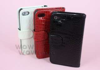 Crocodile Leather Wallet Case Cover for iPhone 4G 4 Black Red 